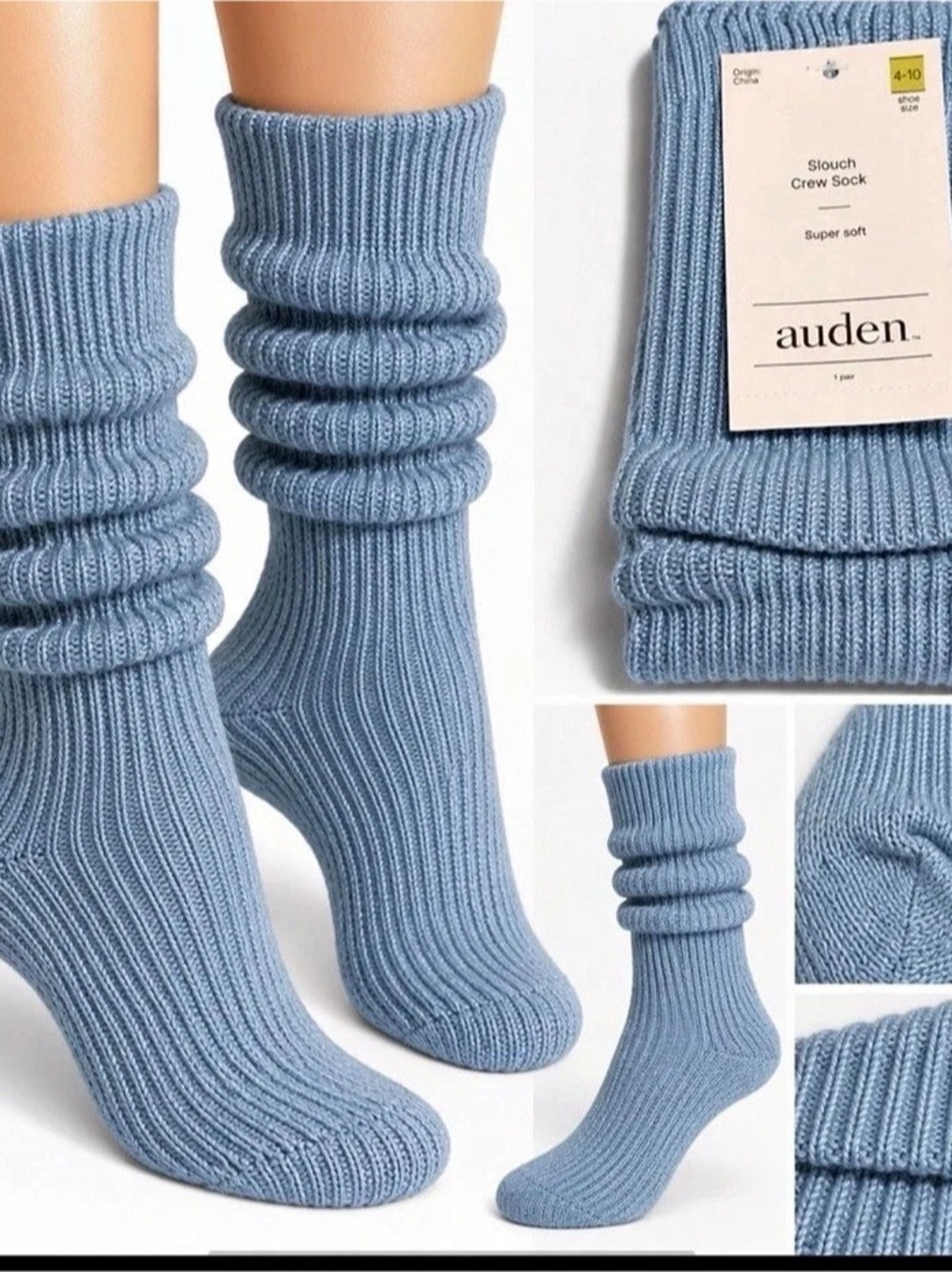 auden Slouch Crew Socks Ribbed Blue Size 4-10 NWT